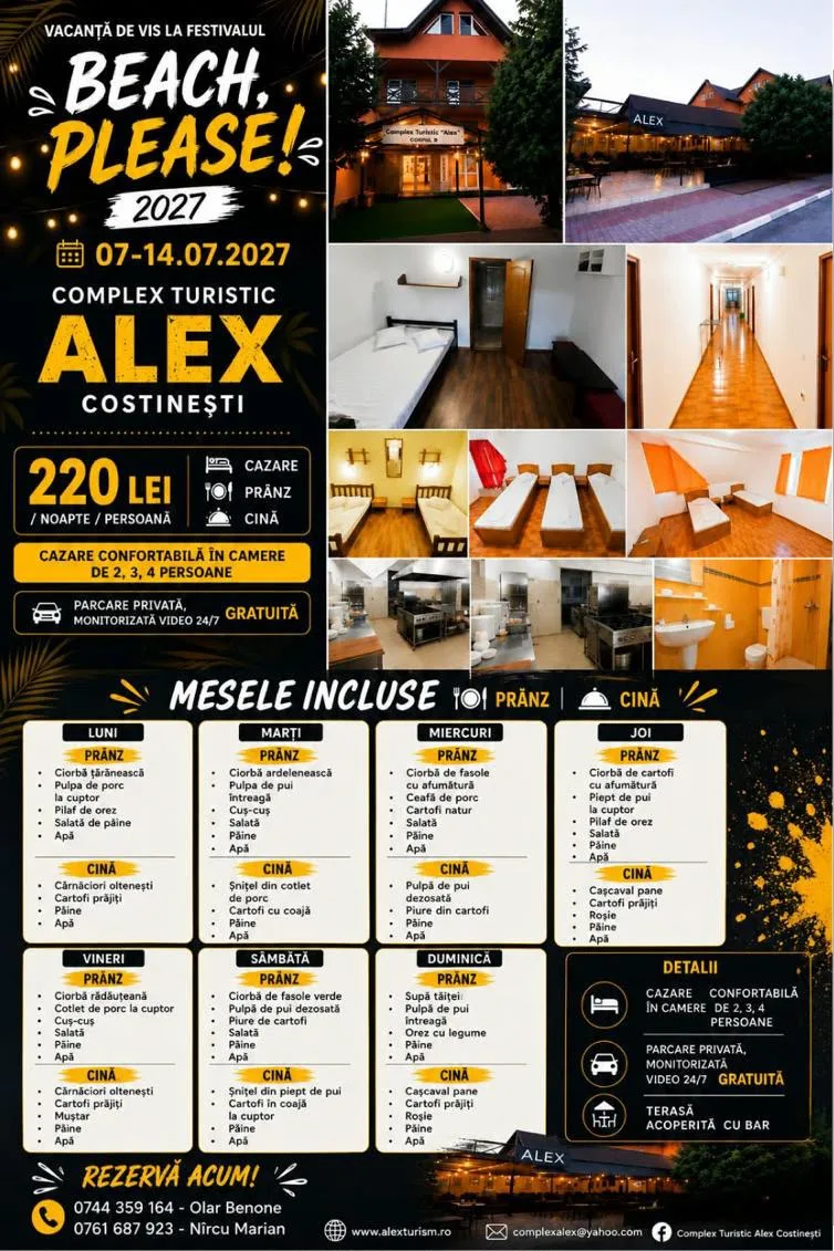 Afișul ofertei Beach, Please! 2027 la Complex Turistic Alex Costinești, cu prețul, camerele și meniul pe zile