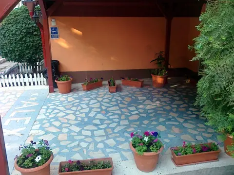 Curtea pavată, cu flori la intrare
