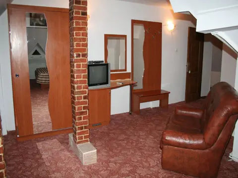 Livingul unui apartament, cu canapea de piele și televizor